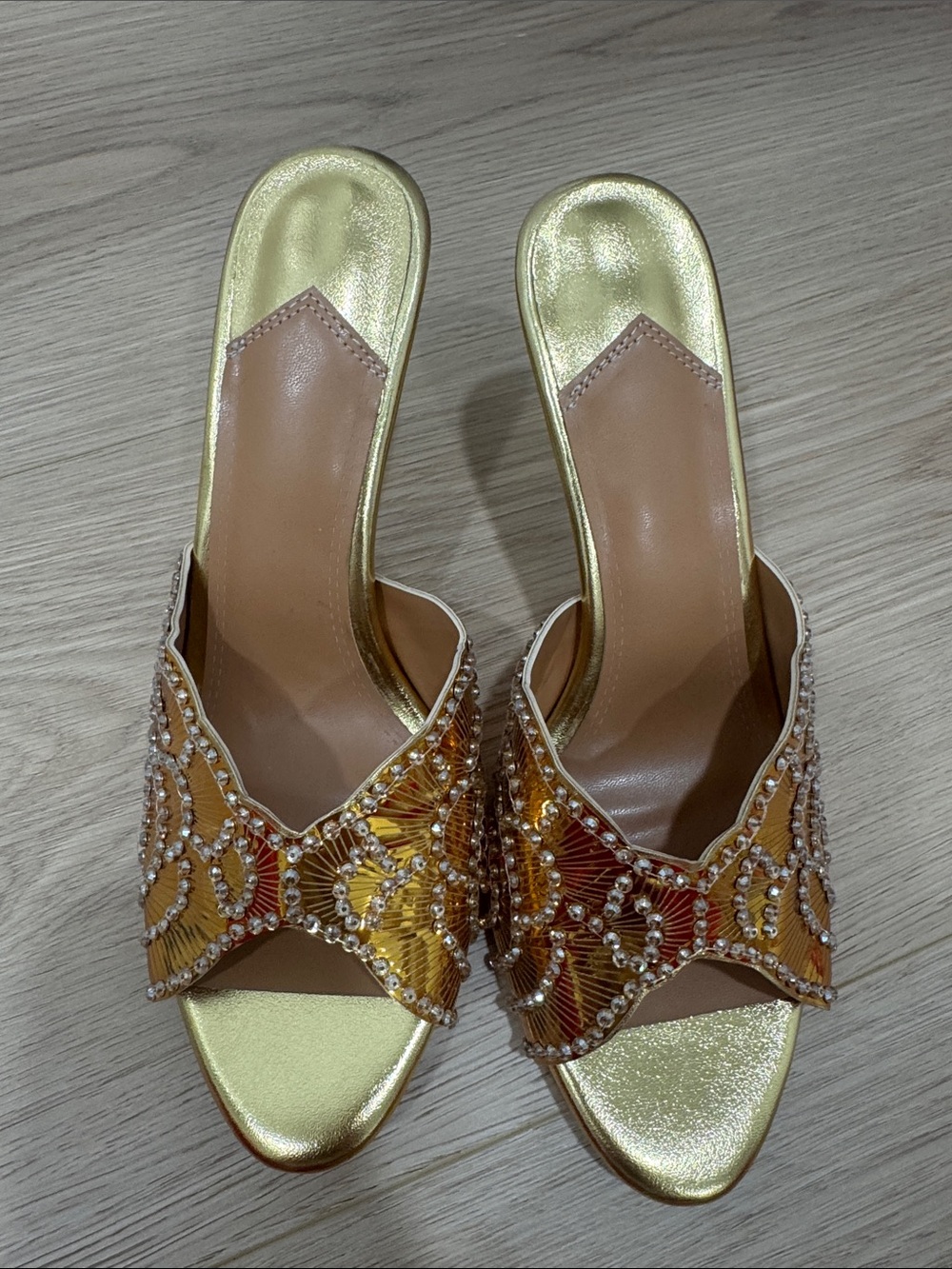 Gold Beaded Slide Heels - Women's Open Toe Dress Sandals
